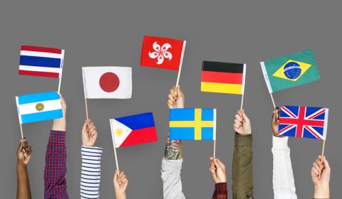 Arms wave international flags