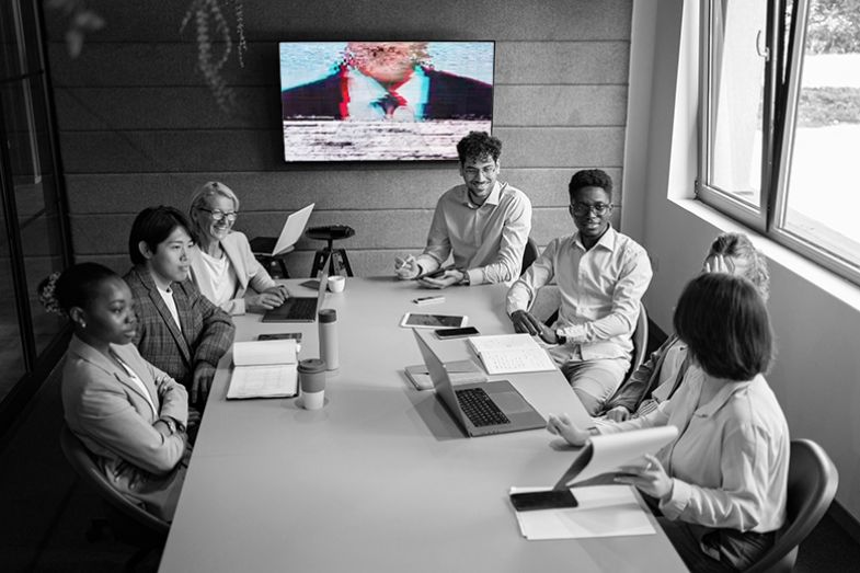 People meeting in an office ignoring person who is glitched on screen. To illustrate that it can be difficult to bond with colleagues who are working from home. People meeting in an office ignoring person who is glitched on screen. To illustrate that it can be difficult to bond with colleagues who are working from home..