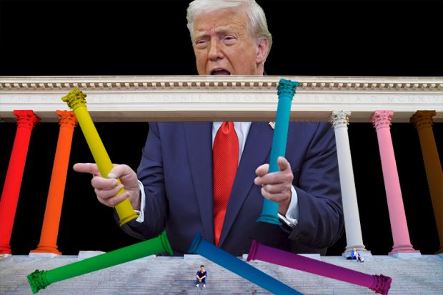 Donald Trump pulling apart columns from the Widener Library at Harvard painted in LGBT colours. To illustrate the president’s crackdown on EDI.