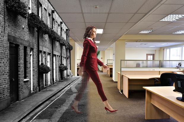 Woman walking from home to office, with less visibility at home. To illustrate whether professional services staff would be better off if their work were more visible to the university community.